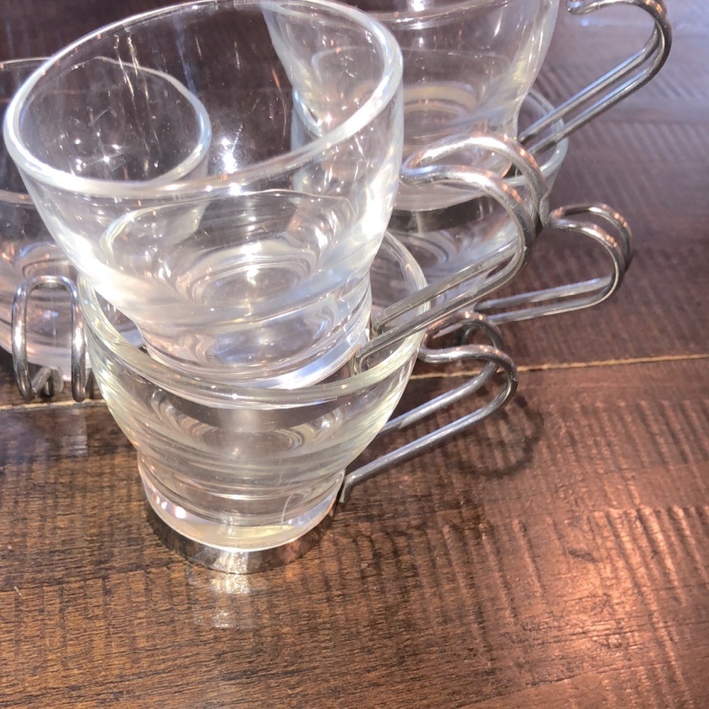 Set of 7 mini espresso glass cups with silver handle
